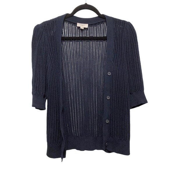 Loft Solid Navy Blue Open-Knit Puff Half Sleeve Cardigan Sweater Medium - Picture 1 of 5